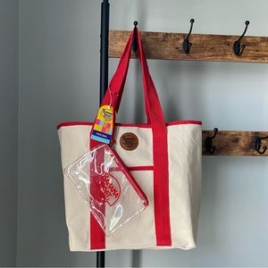 Banana Boat canvas tote back with clear accessory bag in ivory and red NEW